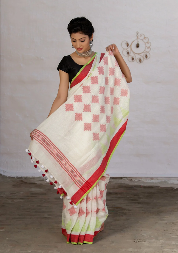 White And Red Pure Linen Saree