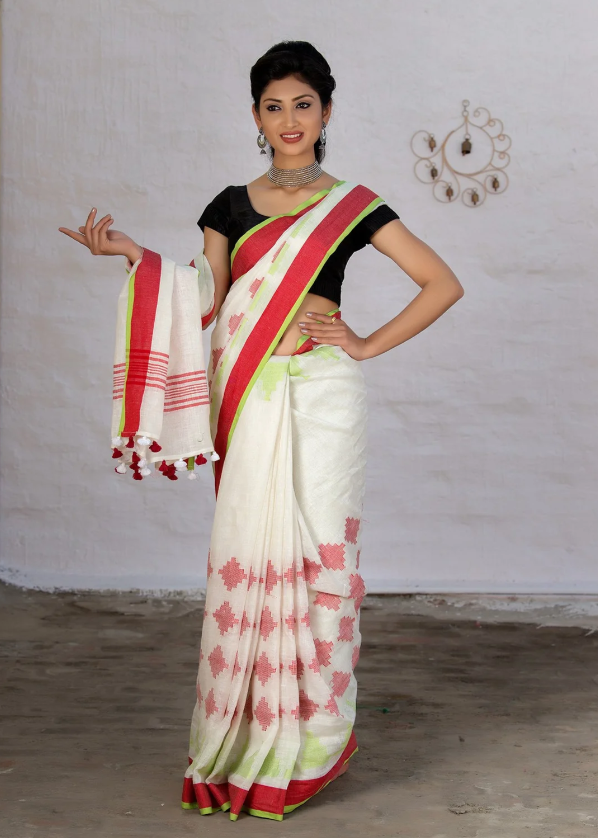 White And Red Pure Linen Saree