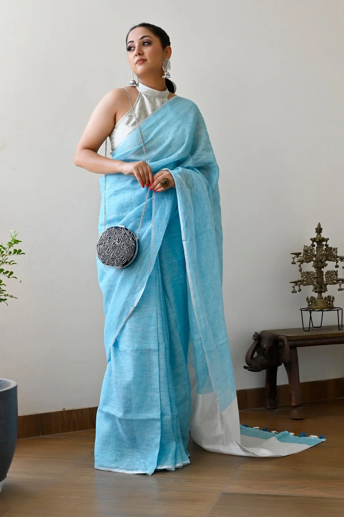 Sky Blue Color Pure Linen Solid Handloom Saree