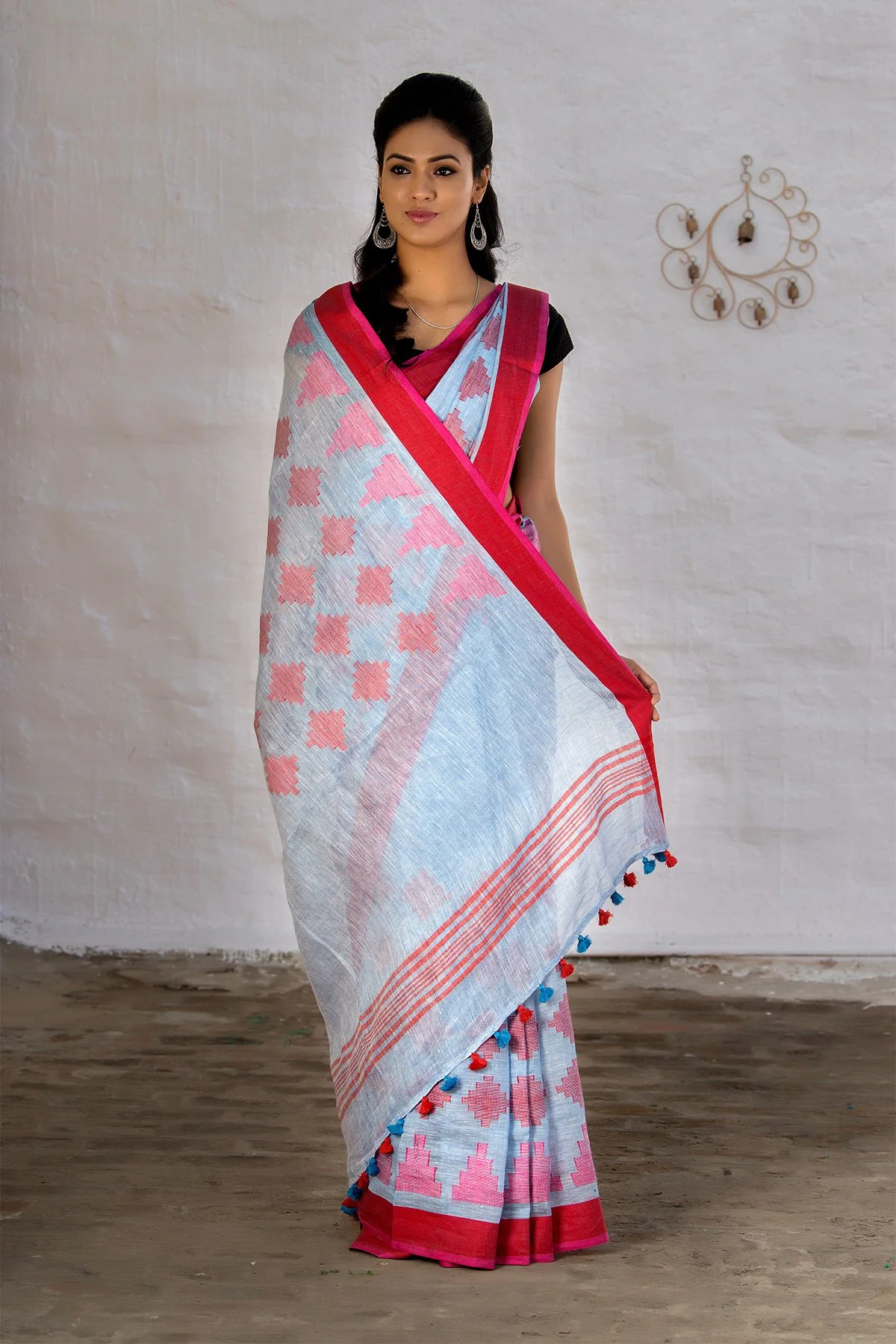 Lightblue And Red Pure Linen Saree