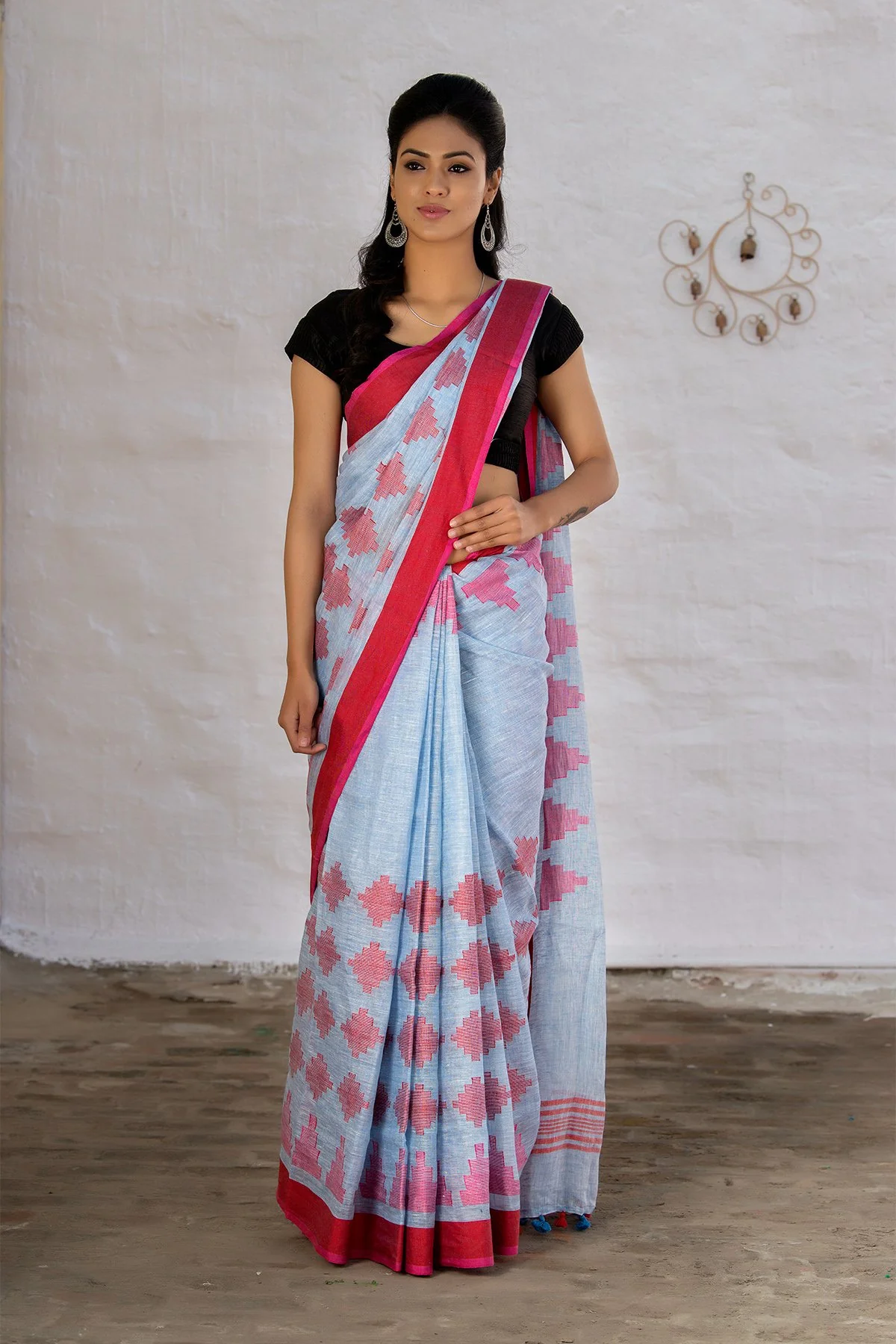 Lightblue And Red Pure Linen Saree